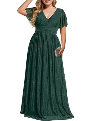 Women's A Line V Neck Glitter Short Sleeves Pleated Plus Size Formal Evening Dresses 11961-DA