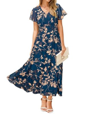 Simplee Womens Floral Maxi Dress - Short Sleeve Summer Boho Wedding Guest Dress Empire Waist Chiffon Modest Midi Dresses