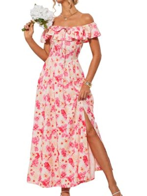 2025 Womens Maxi Dresses Summer Off Shoulder Floral Dress Ruffle Split Beach Flowy Boho Wedding Guest Dress
