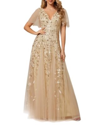 Women's Sequin Sparkly V-Neck Short Sleeve A-Line Floor Length Evening Dress 00734