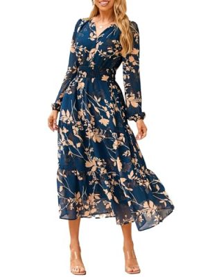 Women's Floral Boho Long Sleeve Maxi Dress V Neck Empire Waist Swing Flowy Wedding Guest Dress