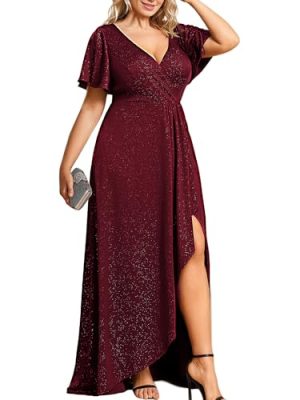 Women's Glitter Stretchy V Neck A-line High Low Plus Size Formal Dresses with Ruffles Sleeves 01738-PH