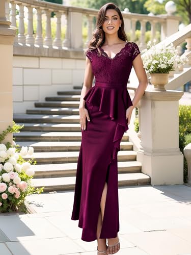 Women's Elegant Floral Lace Ruffle Split Cocktail Party Long Dress