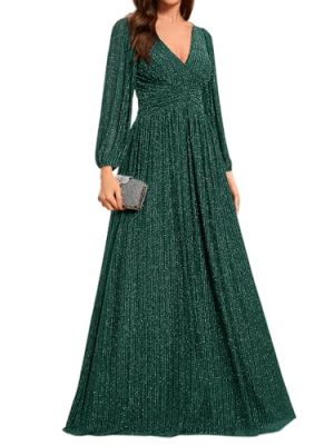 Women's A-Line Long Lantern Sleeves Formal Gowns Empire Waist Long Glitter Evening Dress
