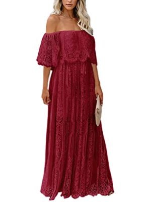 Mermaid‘S Closet Women's V Neck Floral Lace Maxi Wedding Dress Long Sleeve Flowy Formal Party Dress Fall Spring