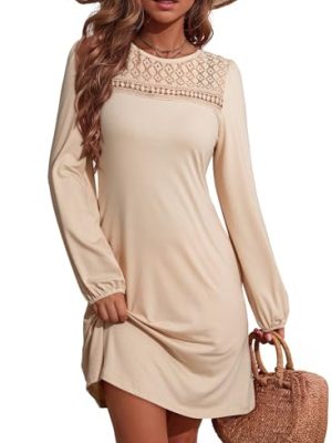 Fall Dresses for Women 2025 Crew Neck Long Sleeve A Line Shift Dress Solid Color Loose Fit Mini Dress