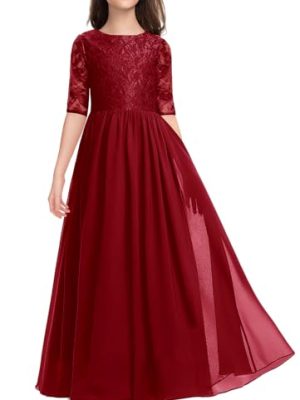 Flower Girls Dress Elegant Vintage Lace Chiffon A-Line Formal Birthday Wedding Party Floor Length Dress 6-13 Years