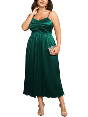 Women's Plus Size Dress Pleated V Neck Sleeveless Spaghetti Strap A Line Cocktail Party Cami Long Maxi Dress