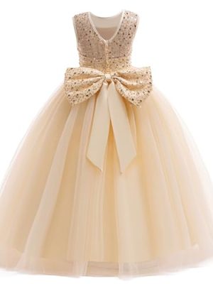 Girls Sequin Tulle Dress Formal Pageant Sparkly Birthday Party Wedding Guest Ball Gown Dresses with Bow