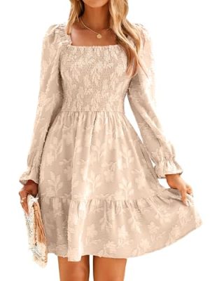 Women's Square Neck Fall Long Sleeve Mini Dress Smocked Swing Ruffle Wedding Guest Dress