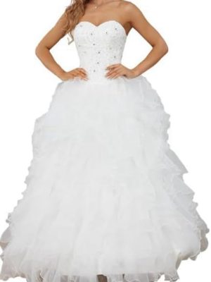Women's Elegant Strapless Wedding Dress, Lace, Sweetheart Neckline, Beaded Bodice, Ruffled Tulle Ball Gown