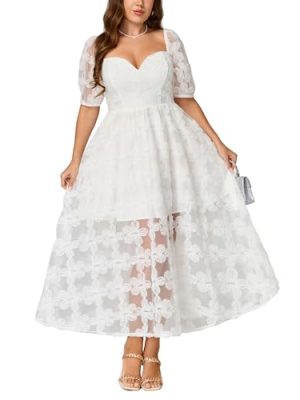 Women's 2025 Cocktail Formal Guest Dresse 3D Lace Sweetheart Neckline Puff Sleeve A Line Maxi Dresses