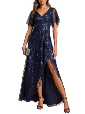 Women's Shimmery Formal Dress V Neck Sequins A-Line Side Slit Elegant Long Evening Dresses 02083