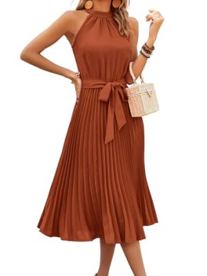 Women's 2025 Summer Sleeveless Halter Neck Pleated Midi Cocktail Dresses A Line Flowy Beach Sun Dress with Belt