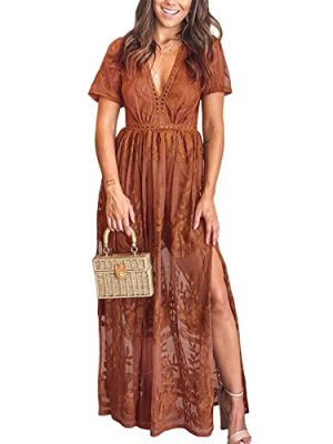 Women's Deep V-Neck Lace Romper Short Sleeve Long Dress