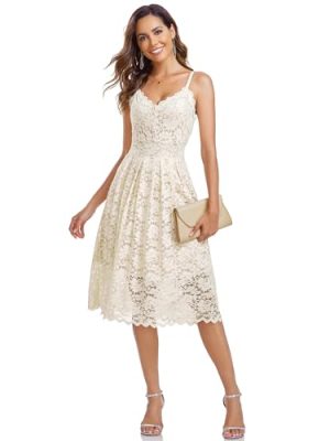 Womens Spaghetti Strap V Neck Sleeveless A Line Lace Dresses for Evening Cocktail Formal Wedding Guest