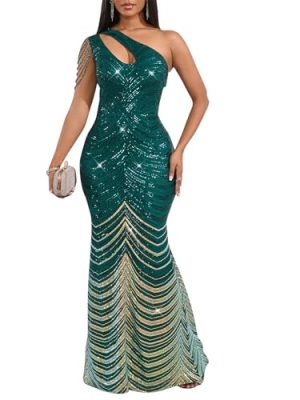 Women Sequin Elegant Sexy One Shoulder Tassel Mermaid Bodycon Cocktail Evening Dress