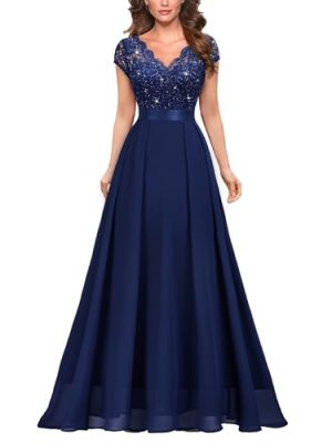 Women's Elegant V-Neck Cap Sleeve Sequined Floral Lace Formal Party Maxi Dress