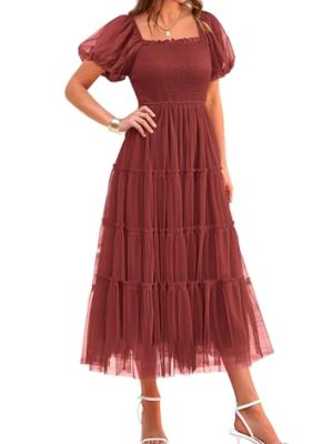 Women's Smocked Midi Tulle Dress 2025 Summer Puffy Short Sleeve Square Neck Ruffle Wedding Guest Party Dresses