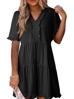 Womens Dresses 2025 Summer Spring V Neck Short Sleeve Casual A Line Flowy Swing Shift Dress Mini Dress
