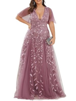 Women's Plus Size V-Neck Sequin Embroidery A Line Floor Length Formal Evening Dresses with Sleeves