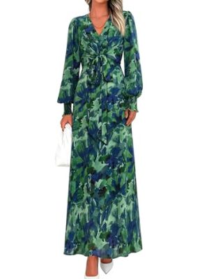Women's 2025 Fall Boho Maxi Dress Floral Long Sleeve V Neck Flowy Belted Elegant Holiday Party Dresses