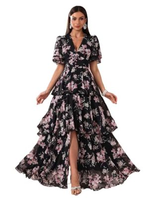 Summer Casual Dresses for Women 2024 Spring Fashion Boho V Neck Long Sleeve Ruffle Floral Print Elegant Maxi Dress