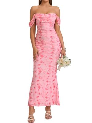Off The Shoulder Maxi Long Dress Corset Ruched Bodycon Formal Wedding Guest Dresses for Women