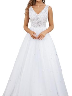 Women's Lace Wedding Dresses for Bride Tulle V Neck Sequin and Beaded Bridal Gowns