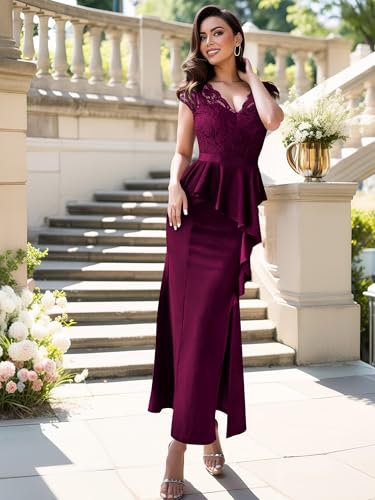 Women's Elegant Floral Lace Ruffle Split Cocktail Party Long Dress