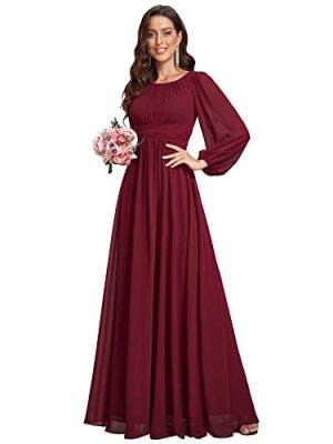 Women's Crewneck Long Lantern Sleeves Floor Length A-Line Pleated Chiffon Formal Dress 0106B