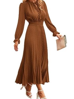 Women's 2025 Spring Fall Midi Dress Casual Long Sleeve V Neck Swiss Dot Pleated A Line Flowy Dresses