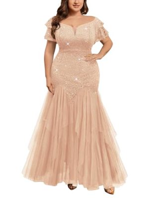 Women's Plus Size V-Neck Off Shoulder Sequin Lace Tulle Mermaid Evening Wedding Dress