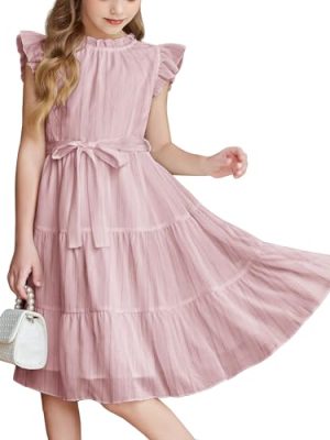 Tween Girls Summer Dress Formal Ruffle Sleeve A Line Casual Elegant Dresses with Belt