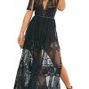 Women's Deep V-Neck Lace Romper Short Sleeve Long Dress