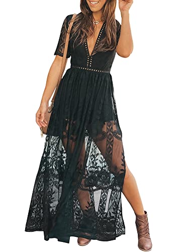 Women's Deep V-Neck Lace Romper Short Sleeve Long Dress