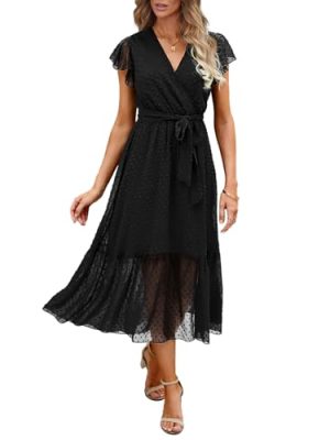 Women Summer Bohemian Floral Casual Wrap V Neck Ruffle Cap Sleeveless Belt A-Line Pleated Hem Midi Sun Dress White
