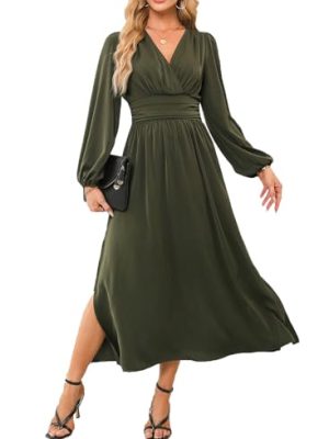 Womens Wrap V-Neck Empire Waist Dress Lantern Sleeve Ruched Side Slit Elegant Maxi Dress