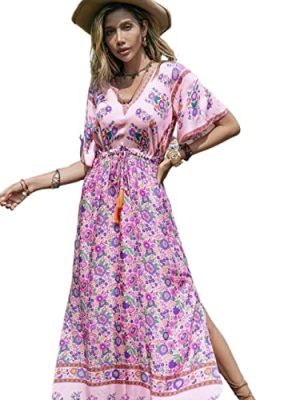 Women's Dress Wedding Guest Dress Floral Print Trumpet Sleeve Split Thigh Tassel Drawstring Waist Dress Dress IPADSA (Color :