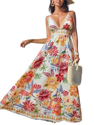 Women's Summer Dresses Casual Spring V Neck Sleeveless Floral Beach Vacation Long Spaghetti Strap Flowy Maxi Dress