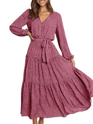 Womens Spring Long Sleeve Wrap V Neck Ruffle Floral Maxi Dress Casual Tie Waist Boho Chiffon Flowy Long Dresses