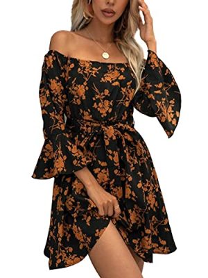 Womens Off Shoulder Ruffle Floral Summer Wedding Guest Dresses A Line Shift Short Skater Dress with Belt