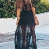 Women's Deep V-Neck Lace Romper Short Sleeve Long Dress